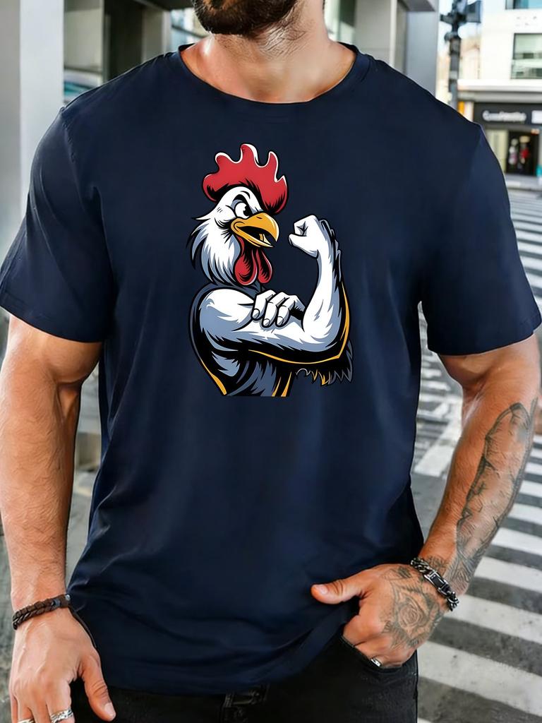 Unisex Strong Muscular Rooster Graphic Cotton Short Sleeve Tee Crew Neck Soft Male Summer Fitness Breathable Casual Street Top