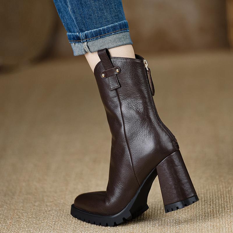 Women's Shoes Ultra-high Waterproof Table Comfortable Short Boots Thick Heel High Heel Zipper Head Layer Pointed Brown