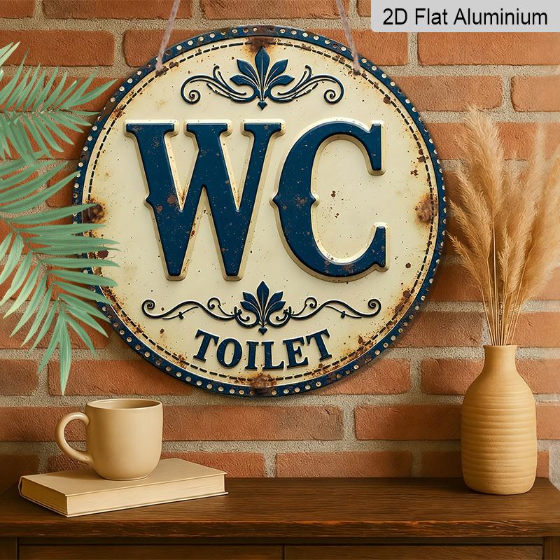 Плоский 2D, 1 шт. Винтажная Круглая Металлическая Табличка WC TOILET, Ретро Сине-Белая Декоративная Табличка с Рустикальным Узором, Забавная Настенная Картина для Ванной Комнаты Туалета, Идеально