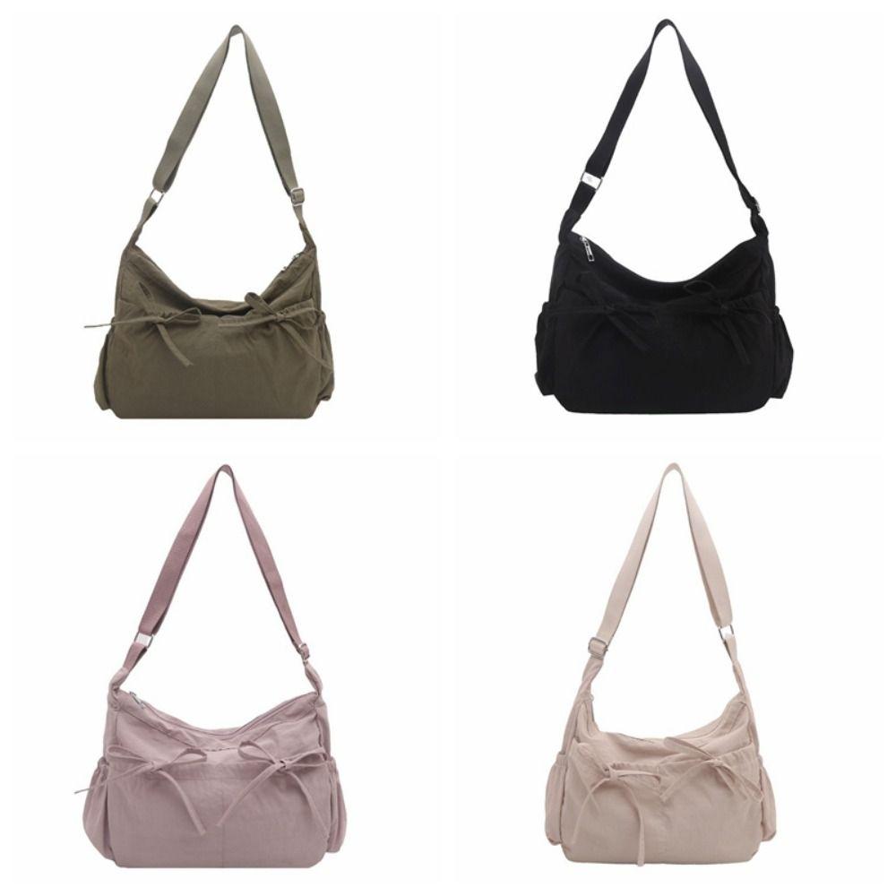Sweet Pleated Bow Crossbody Bag Solid Color Multiple Pockets Nylon Shoulder Bag Korean Style Lightweight Hobo Bag Girls
