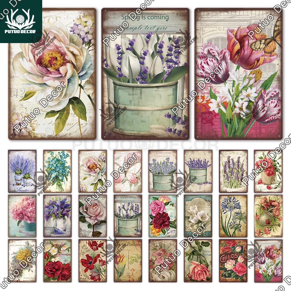Putuo Decor Flower Vintage Tin Sign Plaque Metal Retro Wall Art Poster for Garden Living Room Club Decoration