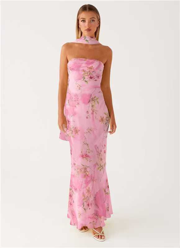 French Floral Chiffon Maxi Dress With Zipper For Summer Beach Vacation