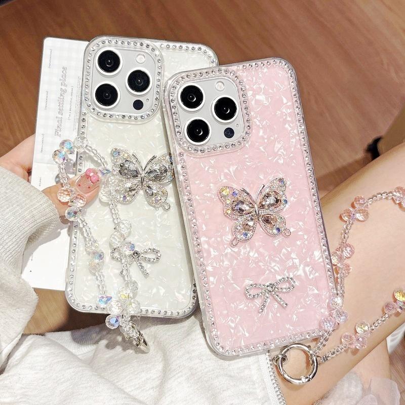Алмазный чехол для iPhone 17 Pro Max 11 12 14 13 15 16 Plus Кристаллическая бабочка Короткая цепочка Защитный блестящий браслет Ремешок Чехол