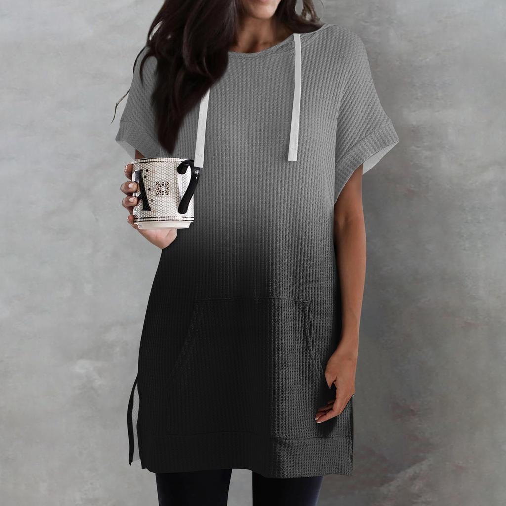 Женские свободные рубашки с принтом, толстовки с короткими рукавами и шнурком, вязаная туника с боковыми разрезами, топы с капюшоном и карманом