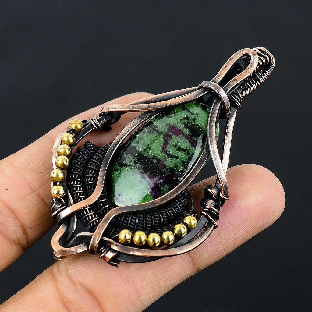 Ruby In Zoisite Handmade Copper Wire Wrap Pendant 2.95" C8n07