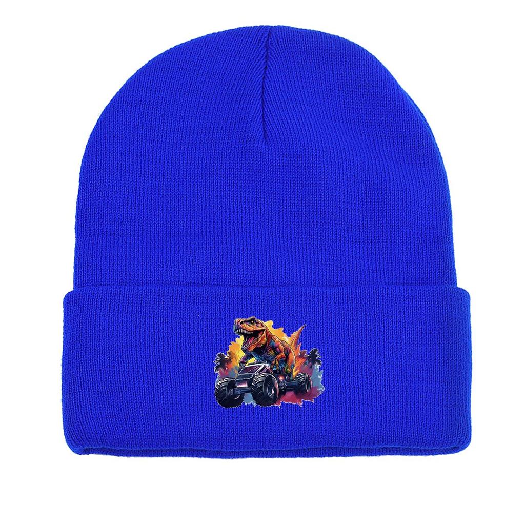 Monster Truck Dinosaur Print Knit Hat Beanie, Animal Skull Cap Stretchy Elastic Stylish Pompom Beanies Knitted Cap Beanie