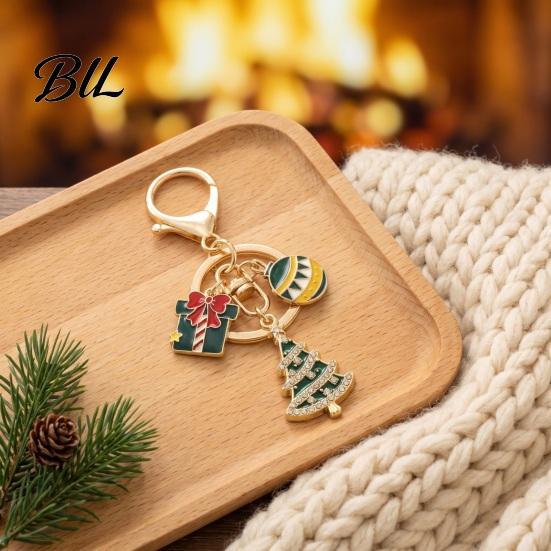 Festive Keychain Accessory Christmas Santa Tree Snowman Keychain, Golden Plated Zinc Alloy Bag Decor Handbags Decorative with Lobster Clasp