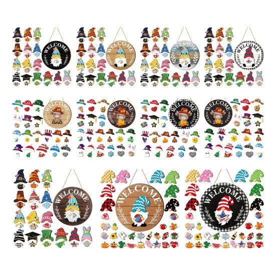 1 Set Interchangeable Wooden Welcome Sign with Seasonal Hat Accessories Gnome Highland Cow Hanging Front Door Sign Home Office Holiday Decoration