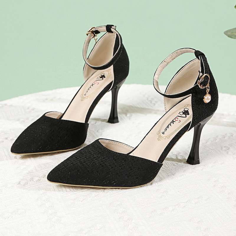 Korean Version of Temperament High Heels Women's Summer New Sexy Thin Heel Pointed Single Shoes One-word Buckle with Versatile Hollow Sandals