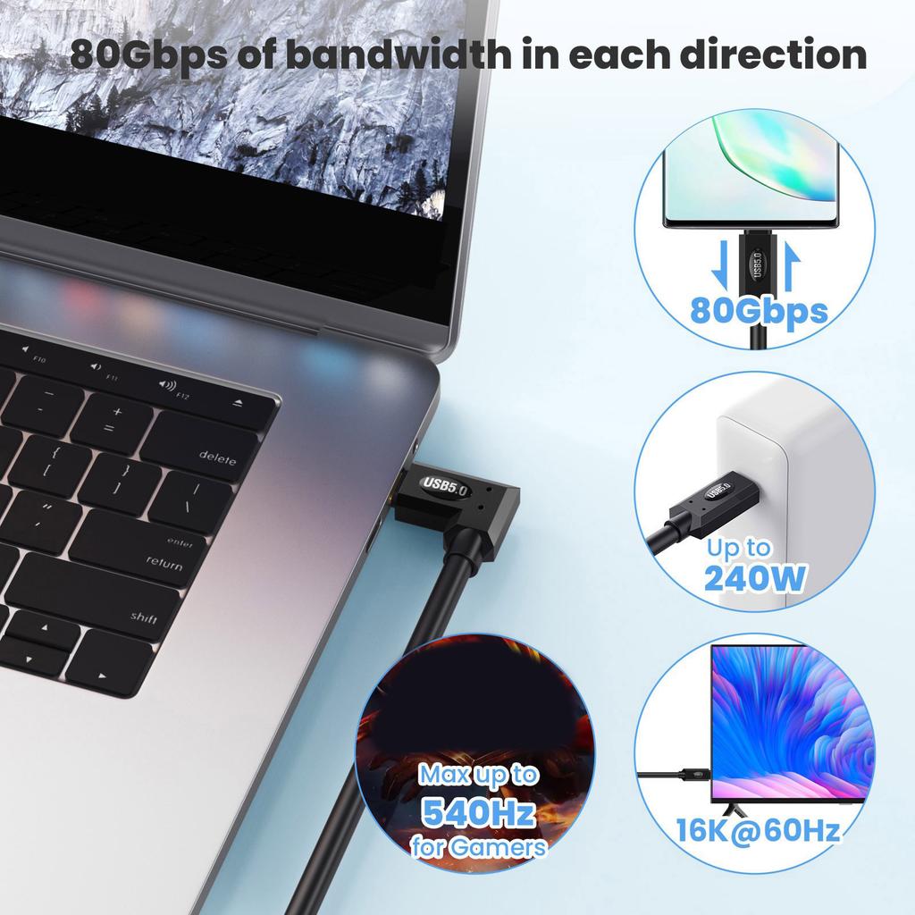 Быстрый кабель USB5 Type C, скорость передачи данных 80 Гбит/с, двойной видеовыход 8K, тройной видеовыход 16K@144 Гц, зарядка 240 Вт для устройств USB-C