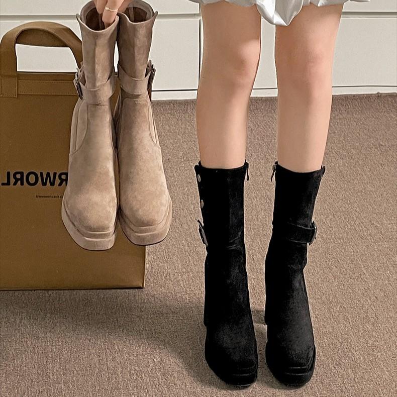 Туфли Queen Fan в ретро британском стиле, толстый высокий каблук, короткие ботинки, женские 2025 новые осенние универсальные облегающие высокие ботинки