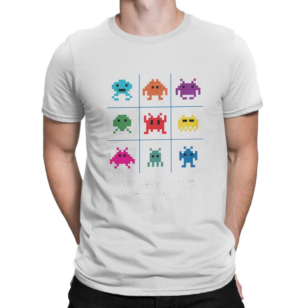 Space Invaders Shooting Video Game Insert Coin To Start T Shirt Vintage Fashion Mens Tshirt ONeck Men Tops