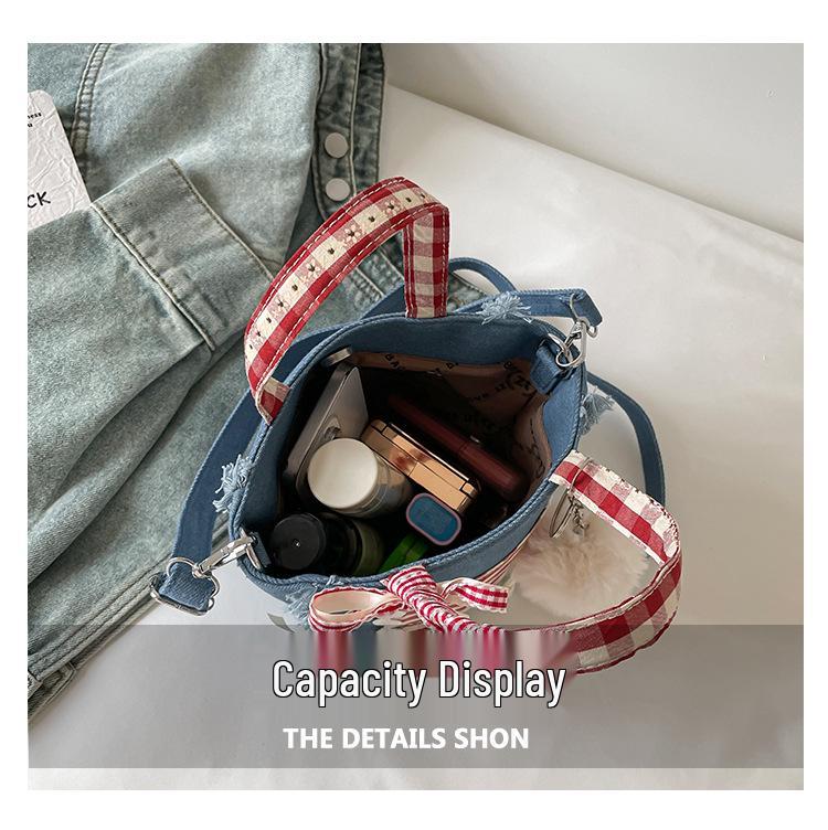 Korean Style Plaid Lace Bucket Handbag - Cute Bow Crossbody
