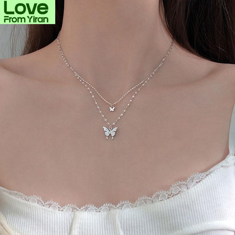 Ожерелье из стерлингового серебра 925 пробы с блестящей бабочкой для женщин, двухслойное ожерелье с блестящей цепочкой на ключицу, ювелирные изделия S -N173