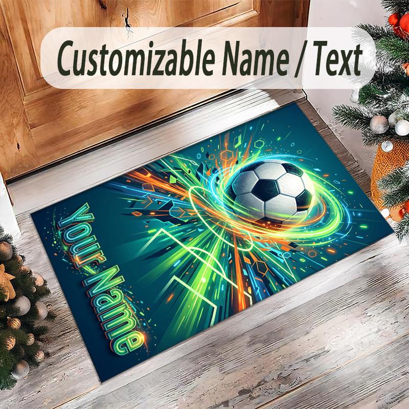 Soccer Theme Crystal Velvet Rug Personalized Custom Name Text Soft Floor Mat Home Decor