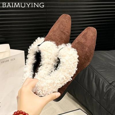 Меховые женские тапочки из хлопка с квадратным носком, замшевые туфли на низком каблуке, туфли-мюли, осенние туфли с открытой пяткой, женская мода 2025 года, трендовая мода Mujer Zapatos