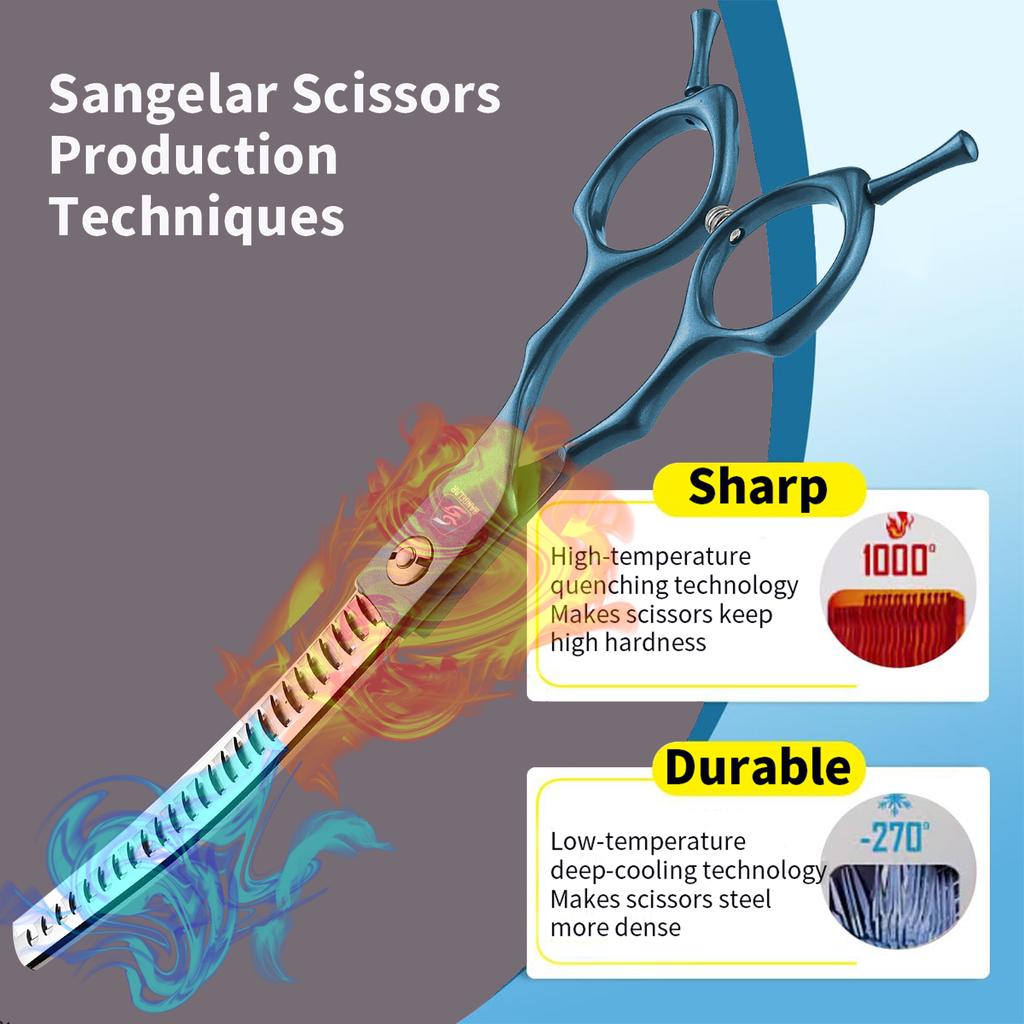 SANGELAR 6,5-дюймовые синие изогнутые ножницы для груминга домашних животных, могут сгибаться вверх и вниз, удаляют 20%-35% и 45%-60% волос, высококачественный инструмент для груминга