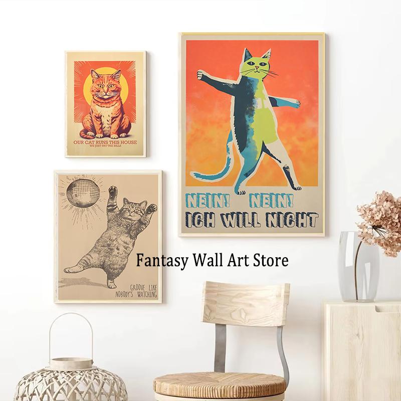 Винтажные Кошки и Собаки Забавный Постер Трендовый Ретро Настенный Декор Холст Печать Постер Забавные Ретро Кошки Настенный Декор Фанки Настенное Искусство
