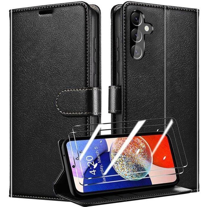 Case for Samsung A14 4G-5G Leather Effect Full Shockproof Black + 2 Tempered Glasses