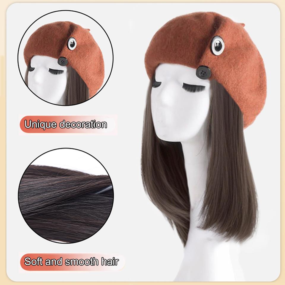 WTB Synthetic Hat Wig Female Autumn and Winter Button Woolen Short Straight Clavicle Beret Temperament Joker Wig