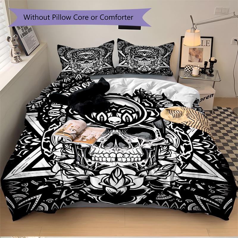 3pcs Skull Mandala Art Duvet Cover Set, Cover For Bedroom Guest Room (1 Duvet Cover + 2 Pillowcase, Without Quilt), yy250922146