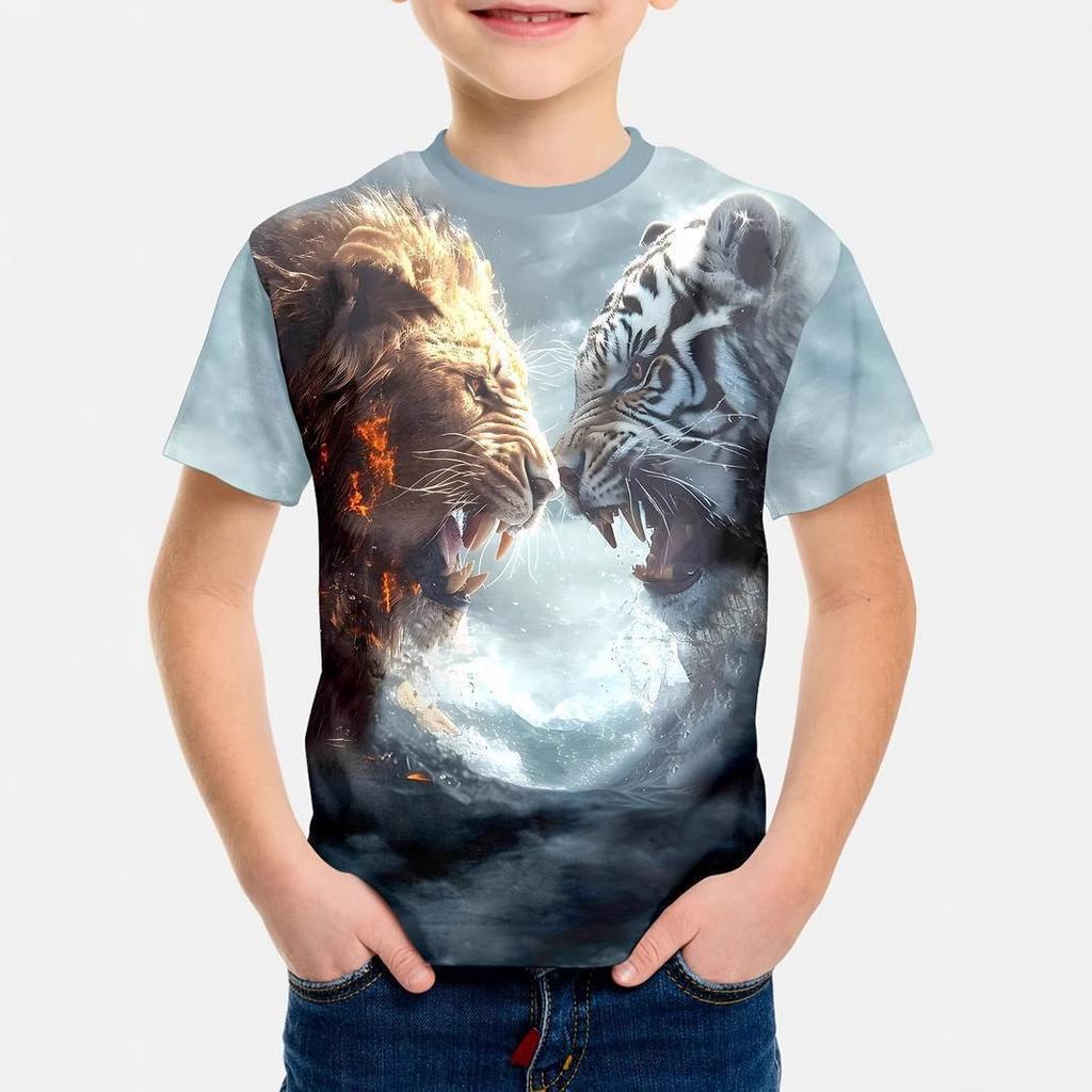 Summer Round Neck 3D Lion Pattern Printed Top Fashionable and Casual Short Sleeved Children's Boy T-shirts