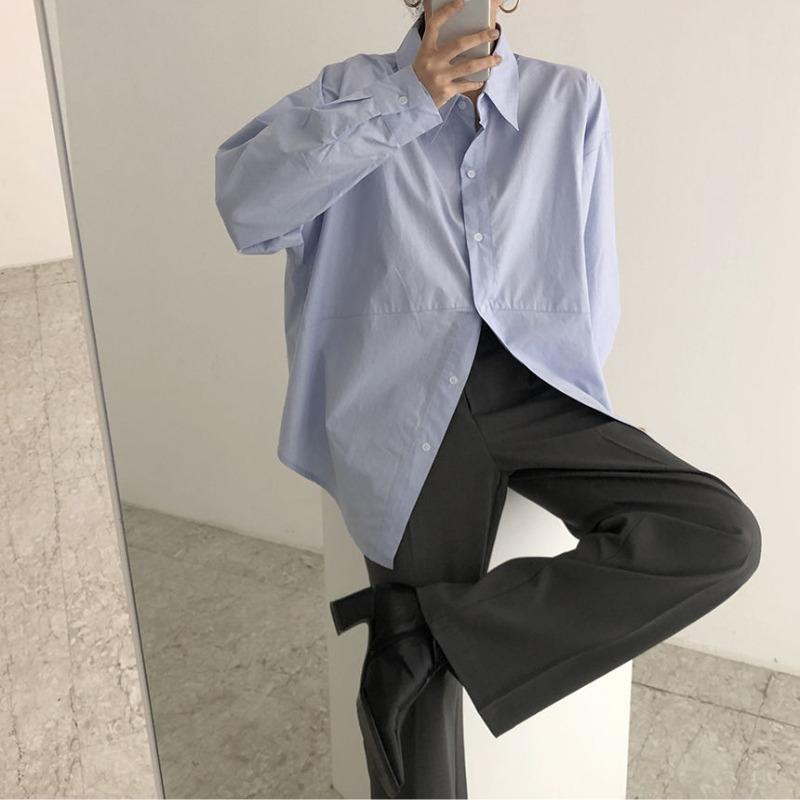 Chic Simple Lapel Irregular Loose Casual Blouses Women Loose Solid Puff Sleeve Shirt Tops for Women Single Breasted Elegant Office Ladies Shirts 26084