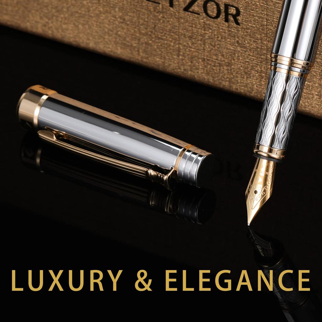 Keyzor Luxury Fountain Pen Fancy Silver 24K Gold Plated Fine Converter Gift Journaling Calligraphy Smooth Writing Pen for Women Men - Pen, Nib,