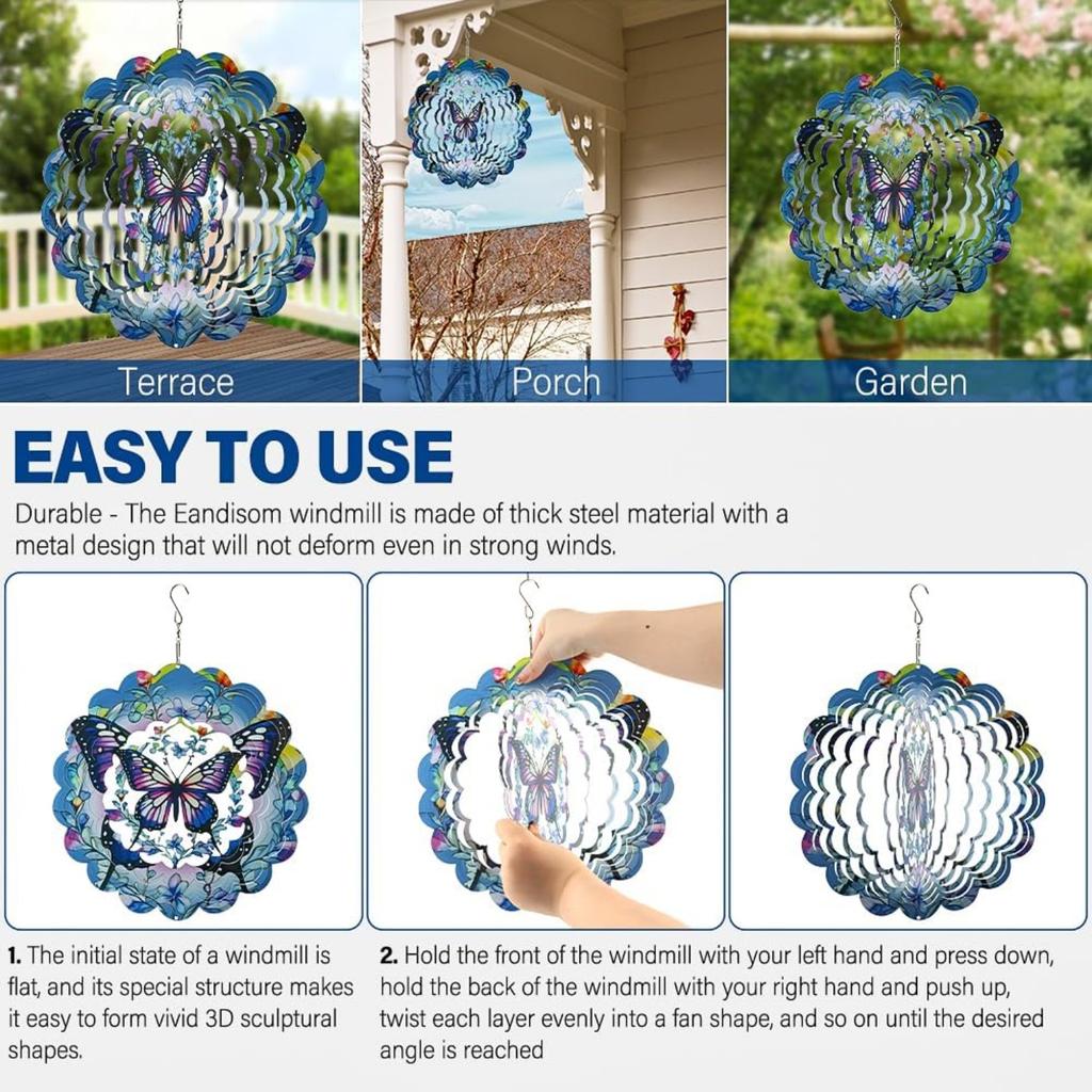 3D Вертушки-бабочки, 12-дюймовая вертушка из нержавеющей стали с градиентным цветом, Подвесная ветряная скульптура для украшения сада