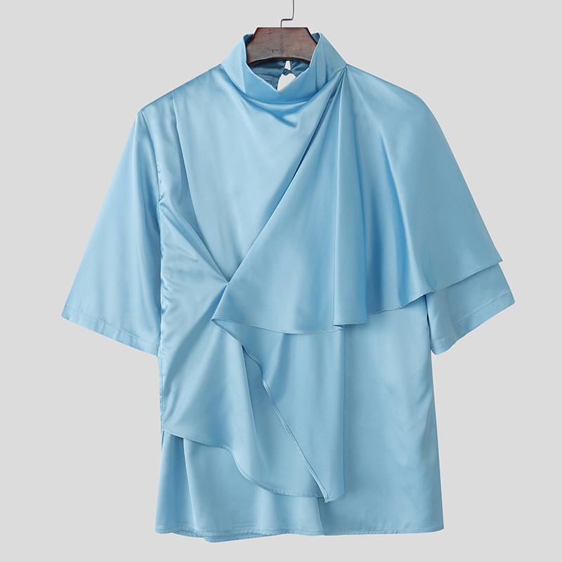 INCERUN Men Satnd Neck Short Sleeve Ireegular Layers Casual Satin T-shirts Tops