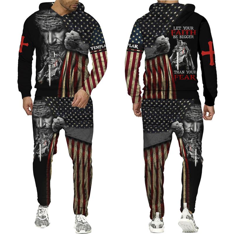 Новейшая толстовка с 3D принтом рыцарей тамплиеров/набор в стиле Харадзюку, уличная одежда в стиле хип-хоп, костюм, крутые мужские толстовки + брюки, спортивный костюм, комплект