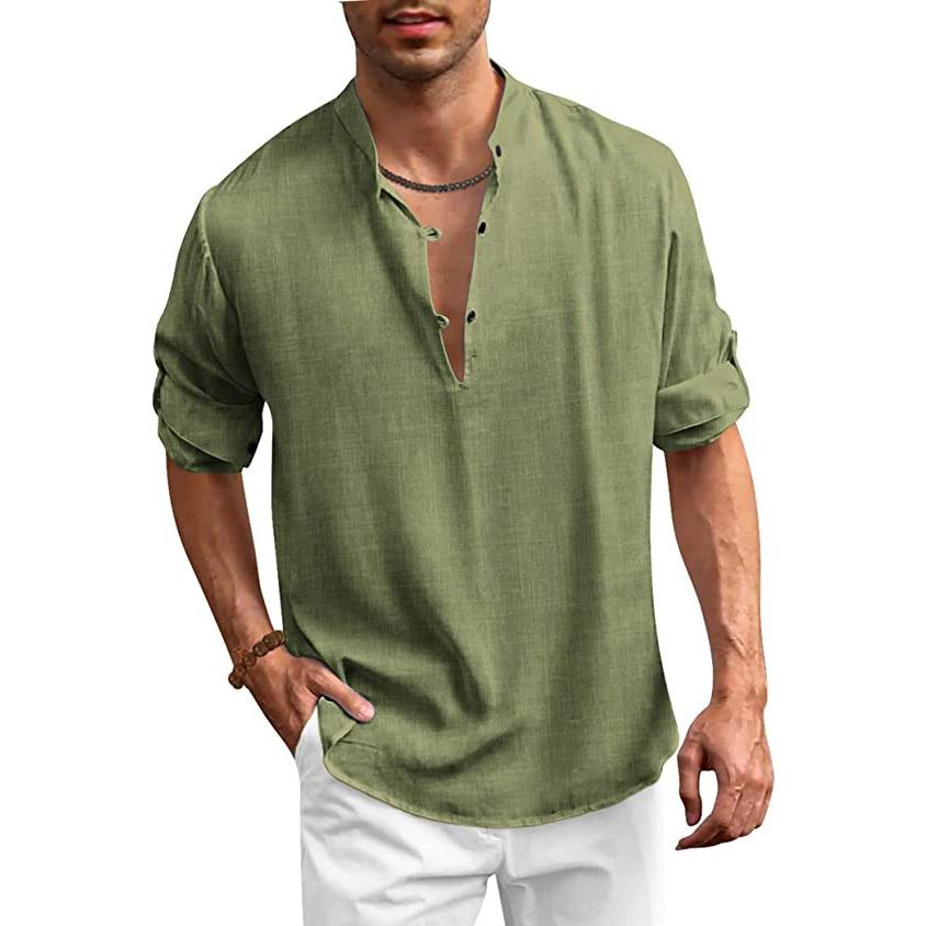 Хлопково-льняная рубашка, мужская осенняя рубашка со стойкой и длинным рукавом, однотонные негабаритные топы, мужские рубашки