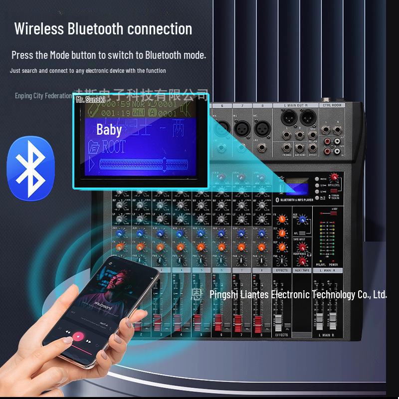 CT8 Профессиональный 8-канальный DJ-микшерный пульт с USB, Bluetooth и мониторингом для выступлений на сцене, в группе и на конференциях.