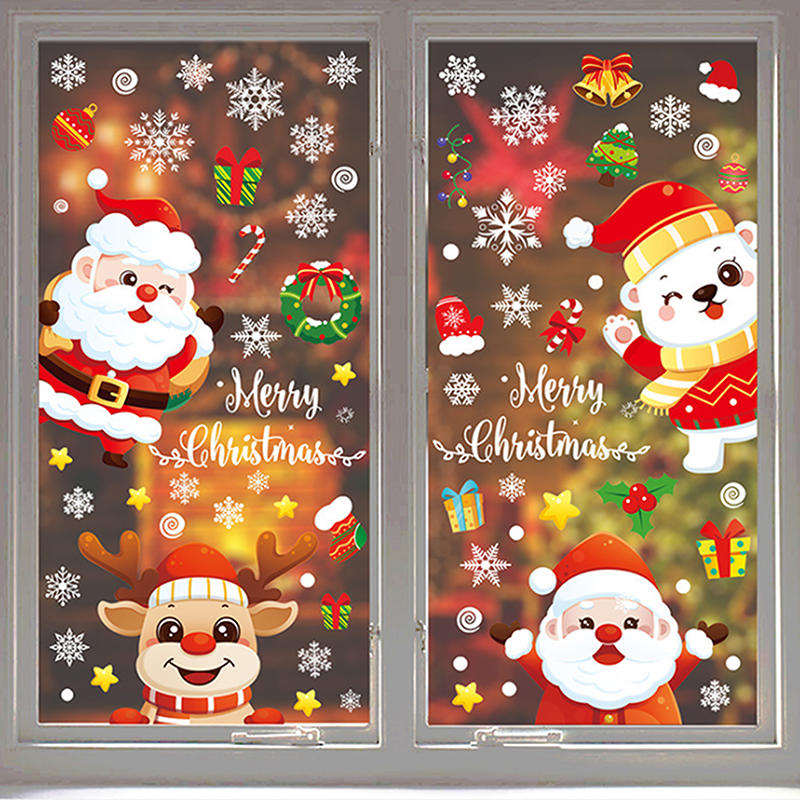 Christmas Windows Static Stickers Wall Clings Removable Vinyl Santa Claus Snowman Diy Door Mural Decals Stickers