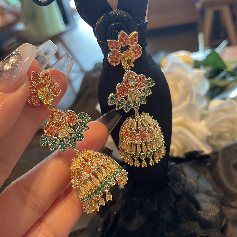 Light Luxury Wind Chimes Bell Earrings, Micro-Inlaid Color Zircon Birdcage Earrings, Exaggerated Personality, Unique Personality