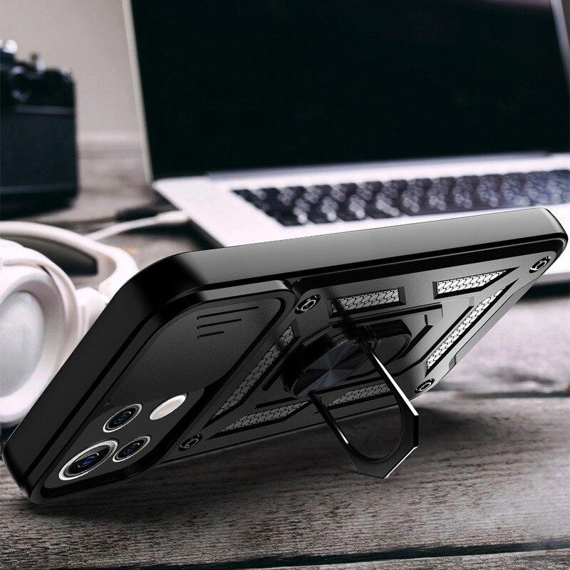 Luxury Sliding Lens Protection Armor Case For iPhone Samsung Huawei Xiaomi Redmi Magnetic Ring Shockproof Cover