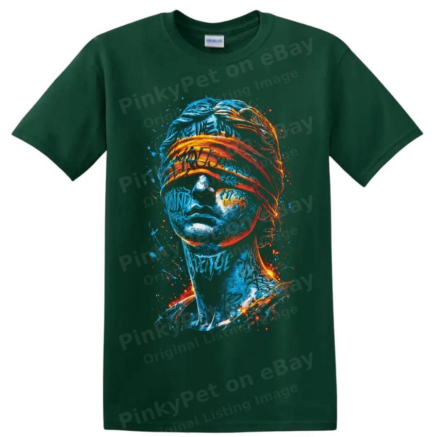 Abstract Portrait T Shirt w/ Neon Blue Orange Bandana Street Art Graphic Tee