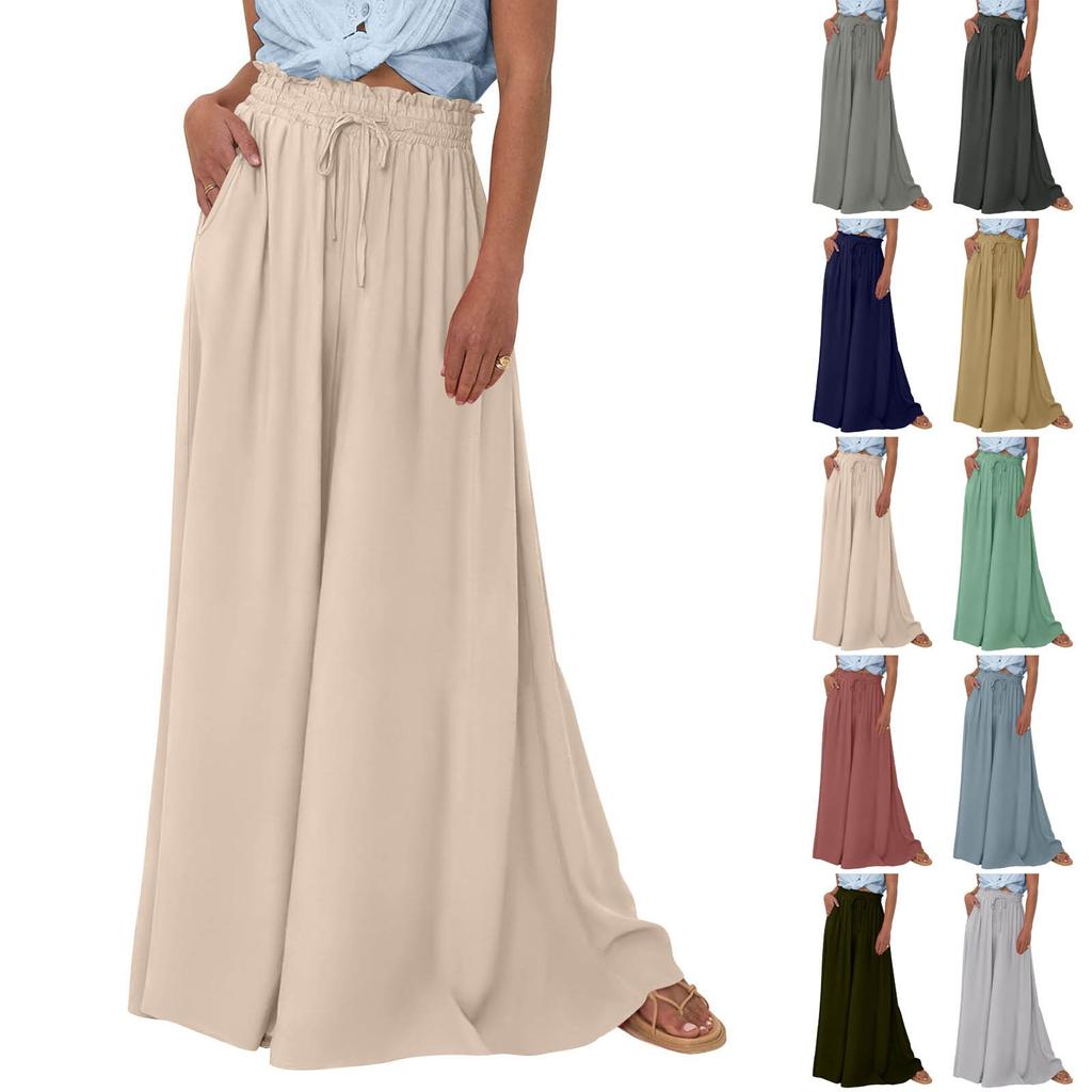 Women High Waisted Wide Leg Pants Summer Casual Flowy Palazzo Pants Solid Beach Trousers With Pocket