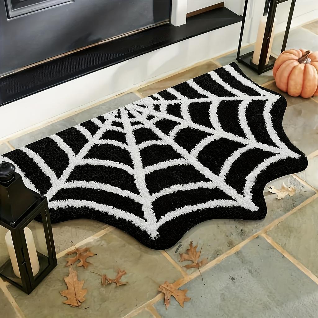 Halloween Spider Web Doormat - Non-Slip, Machine Washable, Polyester Fiber, Gothic Plush Area Rug for Bathroom
