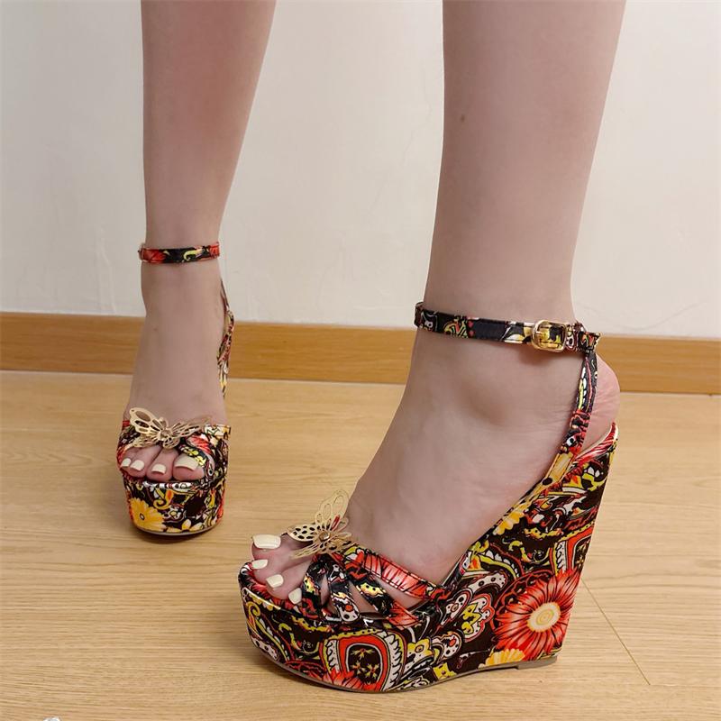 Aneikeh Летние женские босоножки с открытым носком и пряжкой на ремешке, дизайнерские босоножки на танкетке с цветочным принтом, на платформе и высоком каблуке, для банкетов и вечеринок