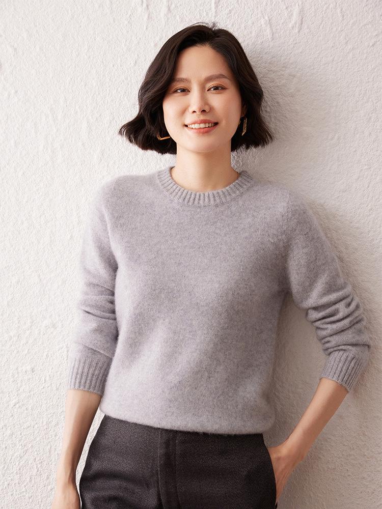 Women's 7-Gauge Double-Ply Cashmere Sweater - Autumn/Winter 2026 Collection, Versatile Solid Color Round Neck Sweater