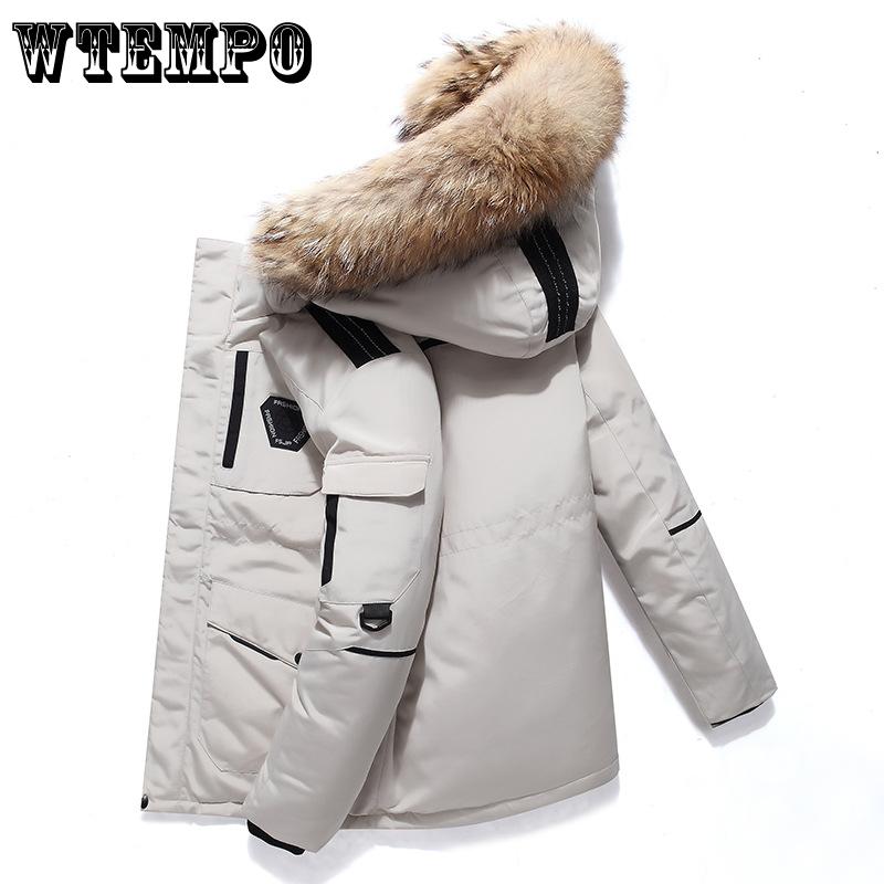 Hooded Short Down Jacket Men's Winter Trendy Workwear Top Profile Thickened White Duck Down Coats with Thick Fur Collar