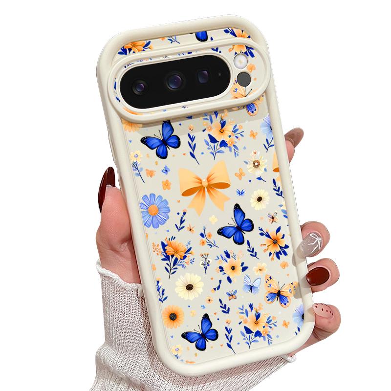 Blue Butterfly Floral Pattern Case For Google Pixel 10 Pro XL Shockproof Bumper Silicone Cover For Pixel 9A 9 8 7 Pro 8A 7A