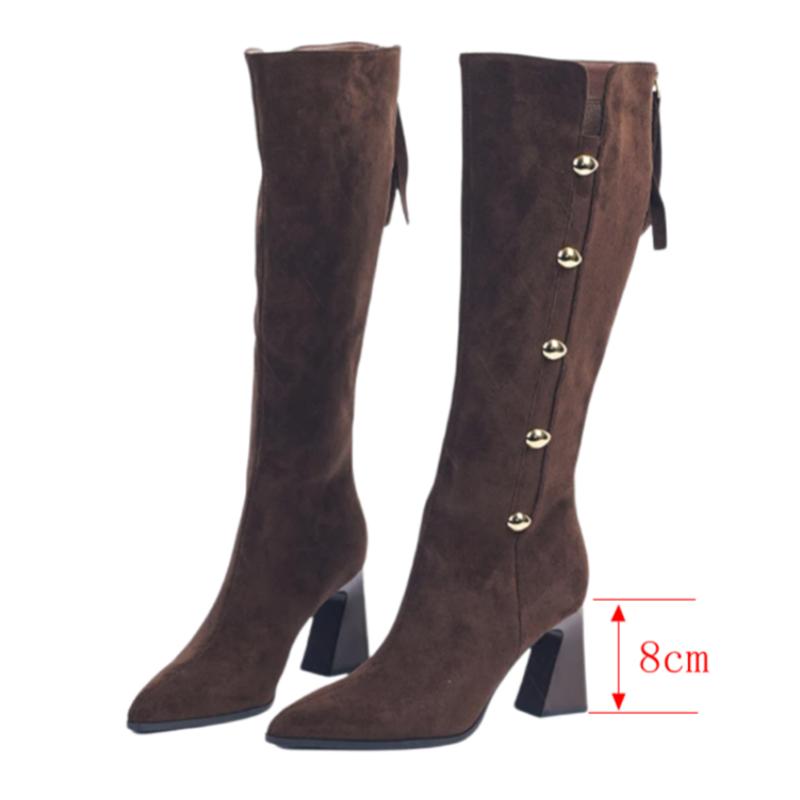 Модные высокие сапоги до колена, женские замшевые туфли с острым носком и высоким каблуком, зимние трендовые готические туфли челси, массивные ботинки Mujer