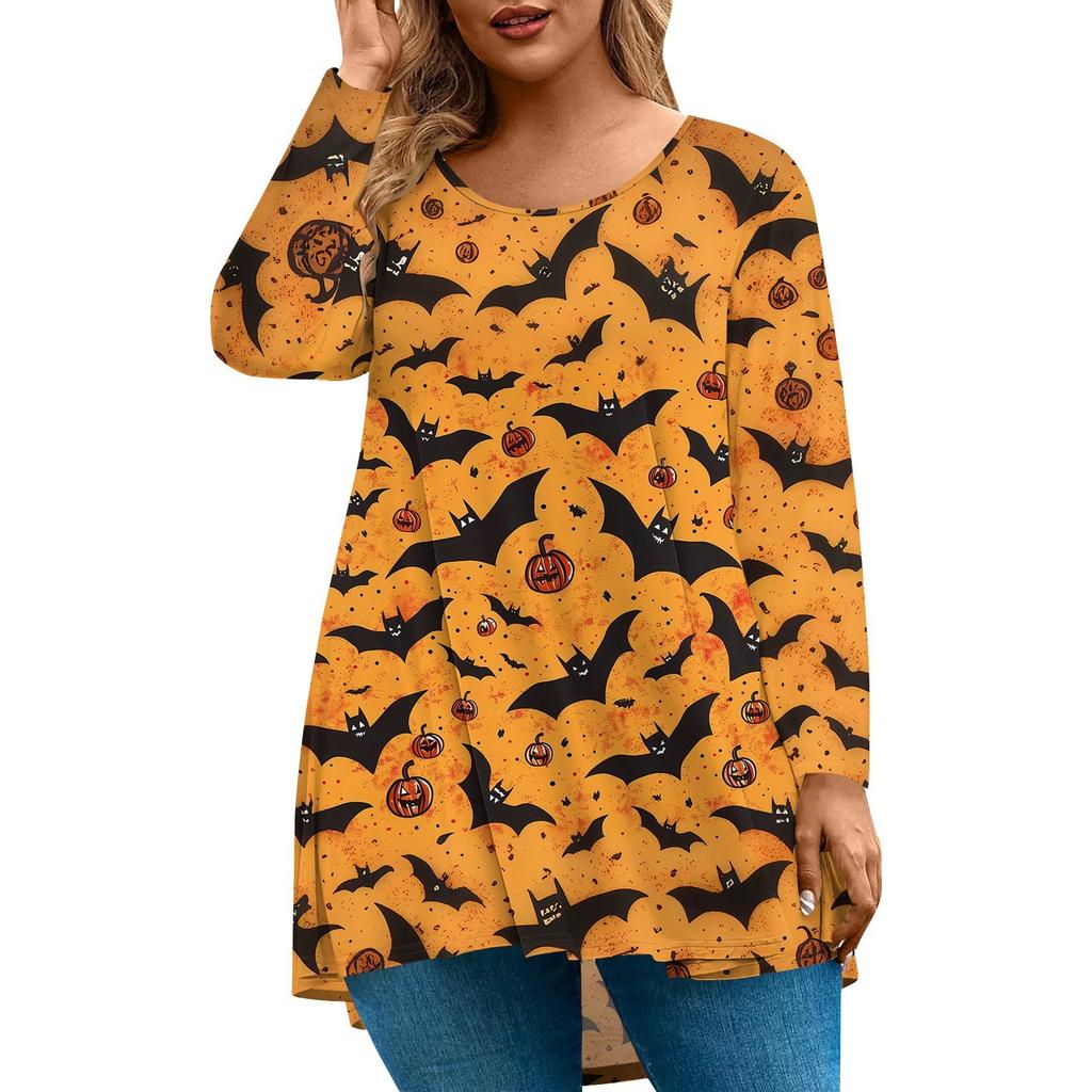 Женская мода Большой размер Круглый вырез Длинный рукав Повседневный Пуловер Топ с принтом на Хэллоуин Свободного кроя