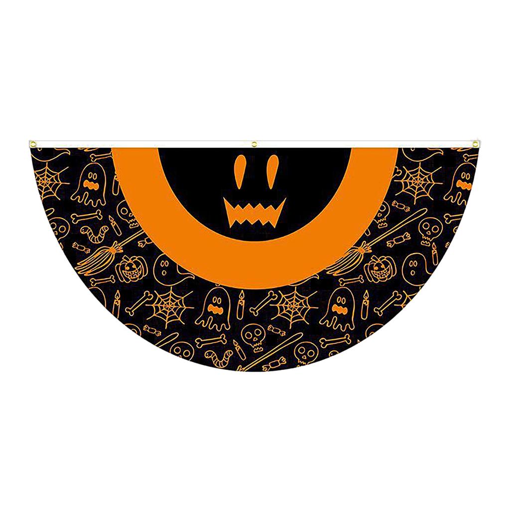 Halloween Theme Fan Banner 45x90cm Polyester Fabric Semi Circular Flag with Printed Ghost Pumpkin Bat Elements for Indoor Outdoor Decoration