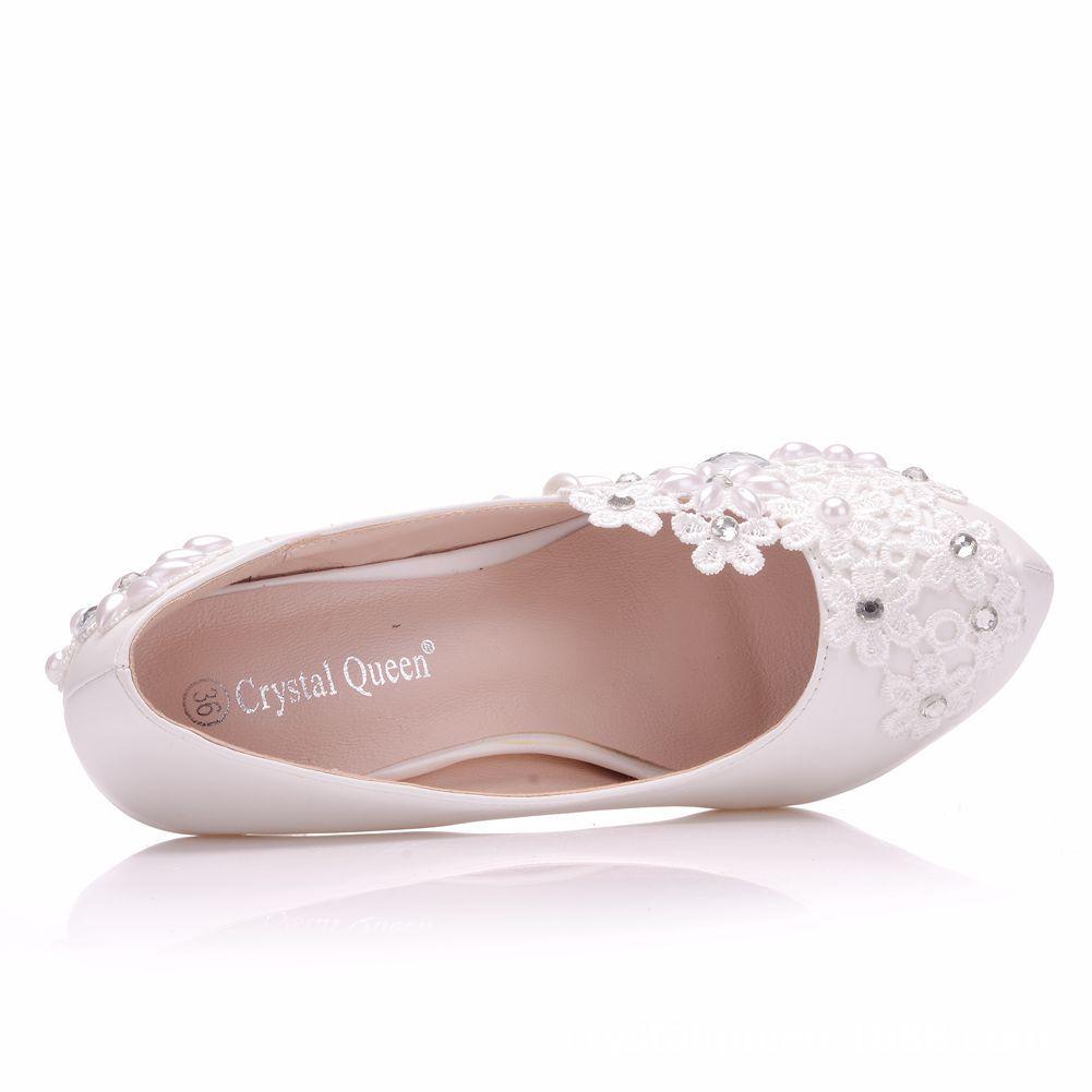 Белые цветочные кружева с блестящими кристаллами Свадебные туфли на высоких каблуках