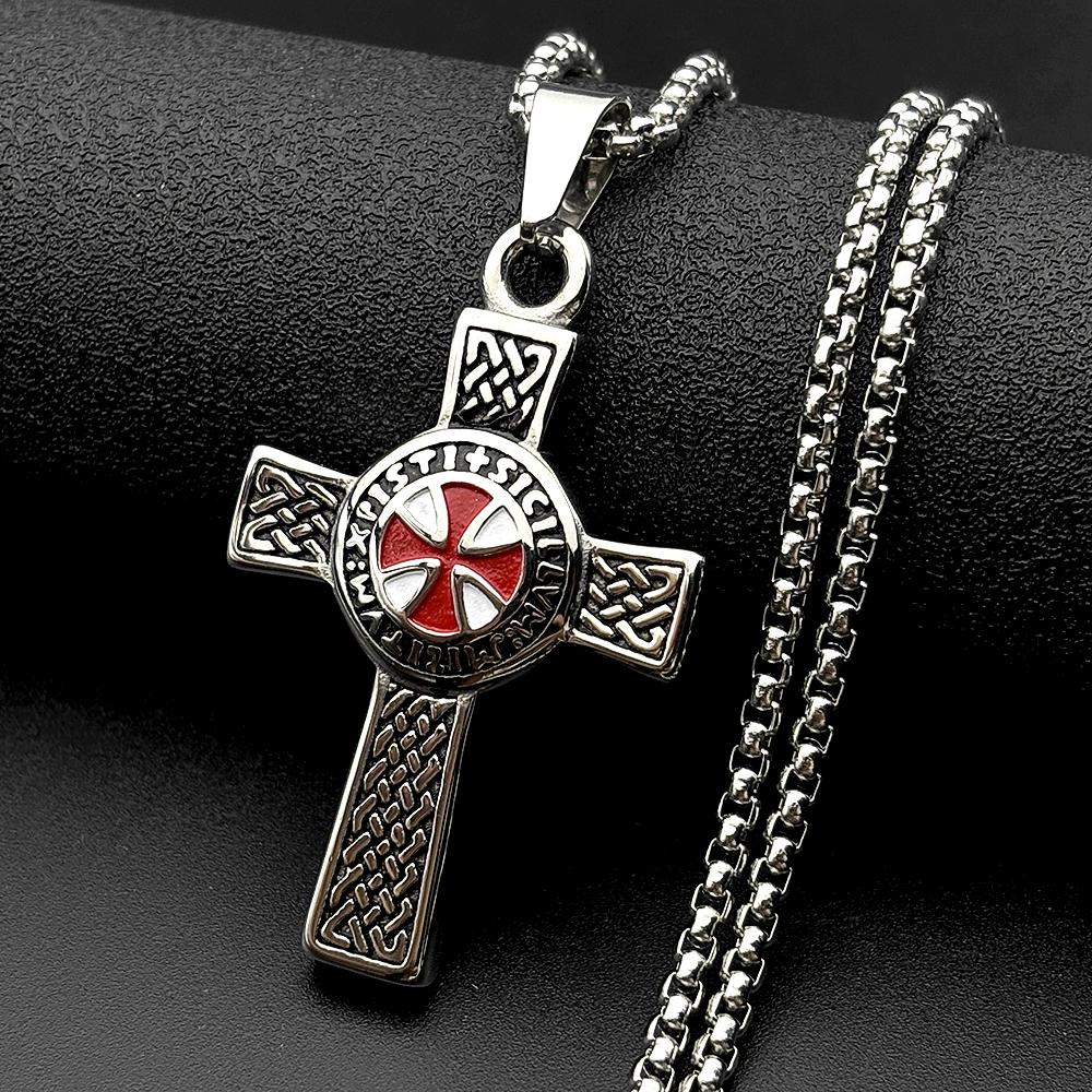 Red Enamel Knights Templar Cross Shield Pendant Necklace Stainless Steel Celtic Knot Latin Inscription Chains Amulet Jewelry