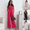 Women Summer Casual V-Neck Sleeveless Jumpsuit High Waist Wide Leg Trousers Solid Color Belt Sizes S-XXL