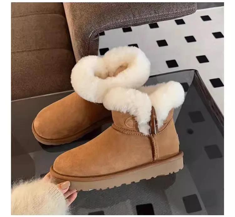 Мода 2024 года, новые модные теплые женские зимние сапоги, модные зимние сапоги из коровьей замши, толстые плюшевые ботильоны